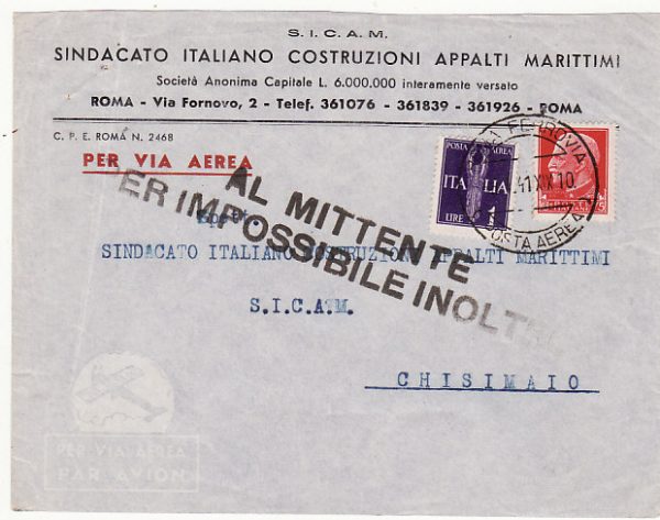 ITALY - ITALIAN SOMALILAND …WW2 RETURN TO SENDER IMPOSSIBLE TO DELIVER.....