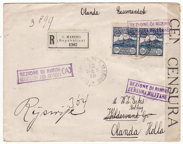 SAN MARINO - HOLLAND…..WW1 CENSORED REGISTERED MAIL with TPO …..