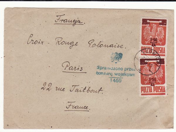 POLAND - FRANCE…1945 to RED CROSS with RARE 1.50z on 25g adhesives…
