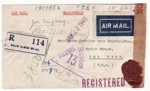 INDIA -USA… WW2 REGISTERED CENSORED AIRMAIL via HONG KONG with WAX SEAL ..