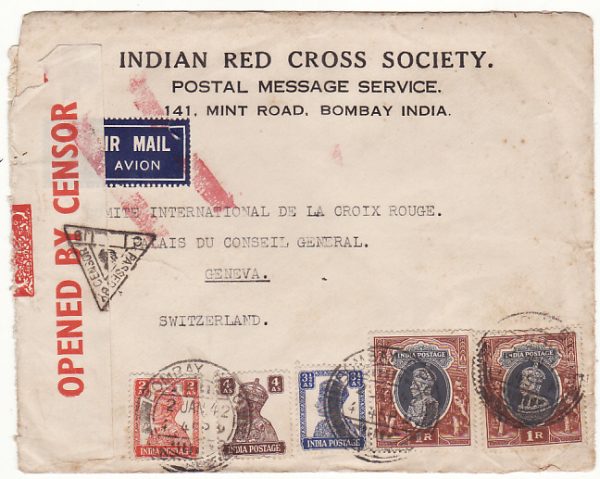INDIA - SWITZERLAND… WW2 CENSORED AIRMAIL to RED CROSS ..