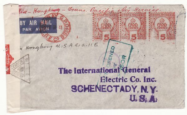 INDIA - USA… WW2 CENSORED AIRMAIL AV2 with METER CANCELS..