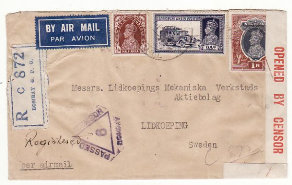 INDIA - SWEDEN… WW2 CENSORED REGISTERED AIRMAIL  ..
