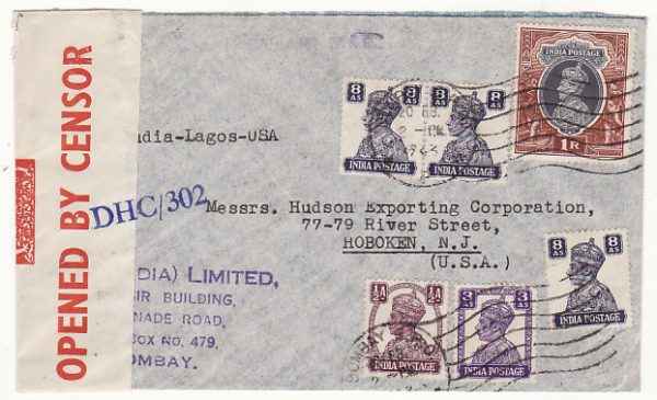 INDIA - USA… WW2 CENSORED TRANS-AFRICA AIRMAIL..