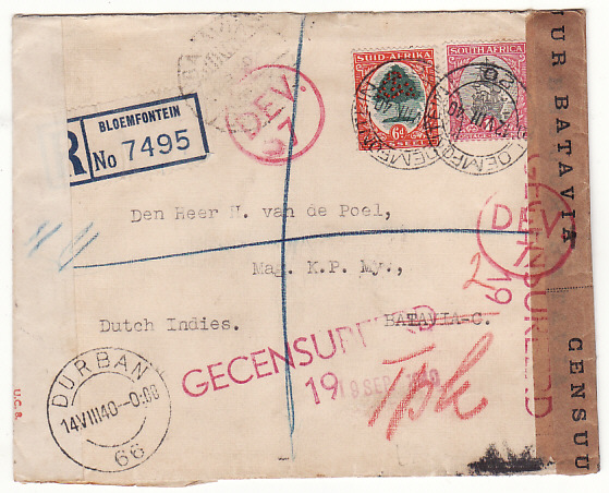 SOUTH AFRICA - NED. EAST INDIES…REGISTERED & DOUBLE CENSORED