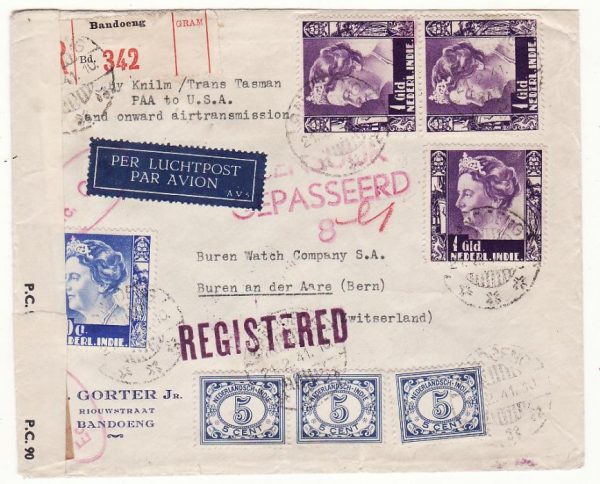 NED. EAST INDIES - SWITZERLAND…WW2 1941 DOUBLE CENSORED TWO OCEAN REGISTERED AIRMAIL…