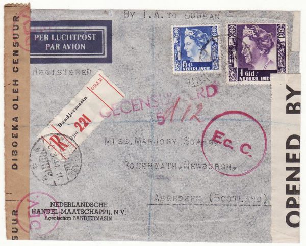 NED. EAST INDIES - GB…WW2 1941 DOUBLE CENSORED REGISTERED AIRMAIL with SPITFIRE LABEL