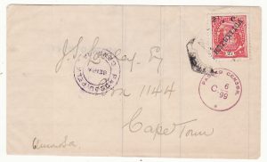 PORTUGUESE EAST AFRICA - SOUTH AFRICA…WW1 DOUBLE CENSORED IMPROVISED ENVELOPE...