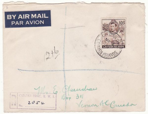 CAYMAN ISLANDS - CANADA.…WW2 REGISTERED AIRMAIL with solo 10/-.…
