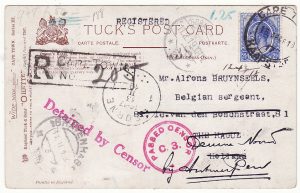 SOUTH AFRICA - NETHERLANDS...WW1 REGISTERED CENSORED POSTCARD DETAINED BY CENSOR…