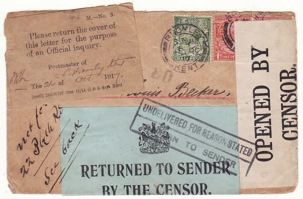 GB - NETHERLANDS...WW1 RETURNED BY THE CENSOR & P.O. OFFICIAL INQUIRY  …
