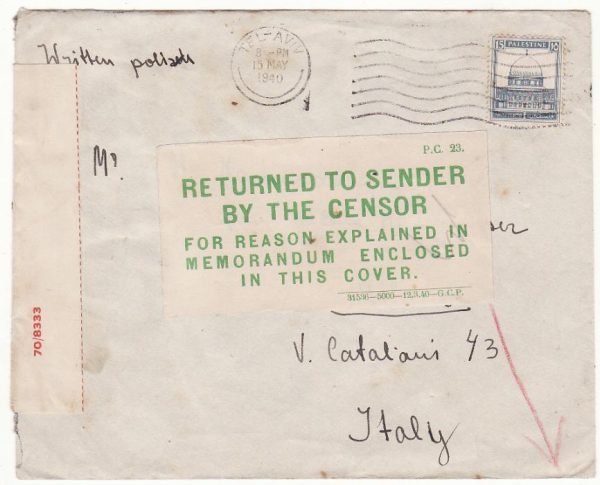PALESTINE - ITALY...WW2 UNDERCOVER MAIL RETURNED to SENDER with CENSORS ENCLOSURE …