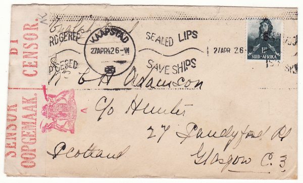 SOUTH AFRICA - GB…WW2 SCARCER CENSORS HANDSTAMP & BLACKED OUT RETURN ADDRESS …