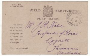 AUSTRALIA … WW1 A.I.F forces in FRANCE.. FIELD SERVICE CARD...