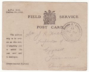 AUSTRALIA … WW1 A.I.F forces in FRANCE.. FIELD SERVICE CARD...