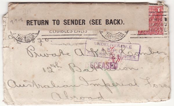 AUSTRALIA …WW1 A.I.F. FORCES DECEASED & RETURN TO SENDER with LETTER ….