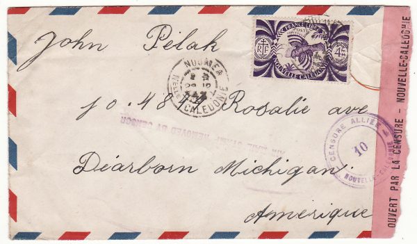 NEW CALEDONIA - USA …WW2 AIRMAIL STAMP REMOVED BY CENSOR…