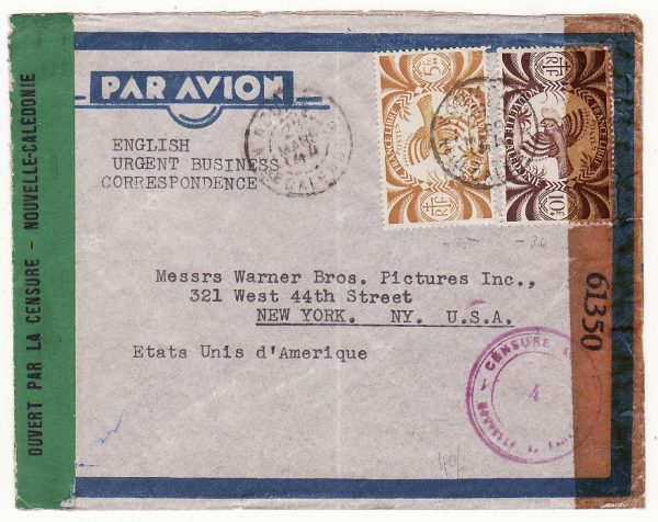 NEW CALEDONIA - USA …WW2 TRANS PACIFIC DOUBLE CENSORED AIRMAIL…
