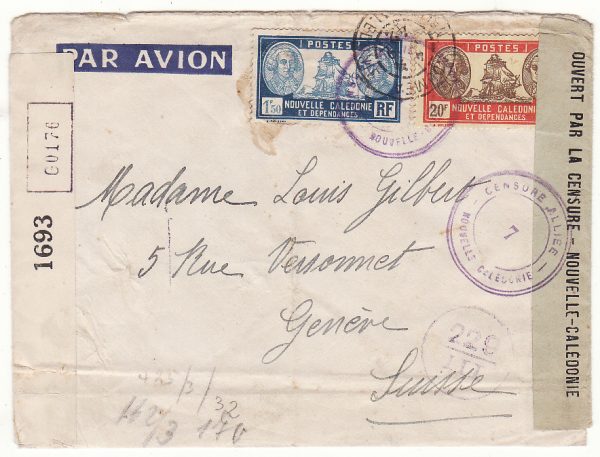 NEW CALEDONIA - SWITZERLAND…WW2  CENSORED by 4 COUNTRIES AIRMAIL…