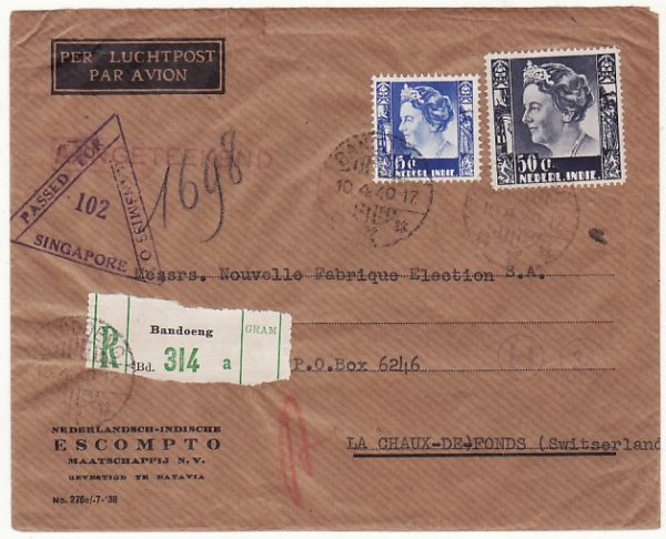 NED. EAST INDIES - SWITZERLAND.... WW2 REGISTERED AIRMAIL CENSORED in SINGAPORE…