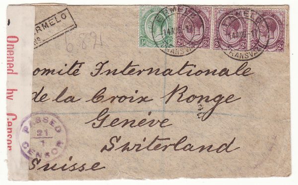 SOUTH AFRICA - SWITZERLAND..WW1 REGISTERED & CENSORED to RED CROSS…