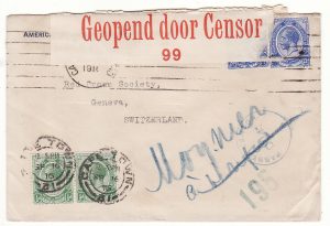 SOUTH AFRICA - SWITZERLAND..WW1 AMERIICAN CONSULAR SERVICE CENSORED to RED CROSS…