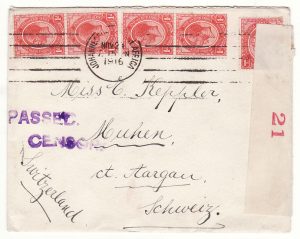 SOUTH AFRICA - SWITZERLAND..WW1 CENSORED DOUBLE RATE to AARGAU…