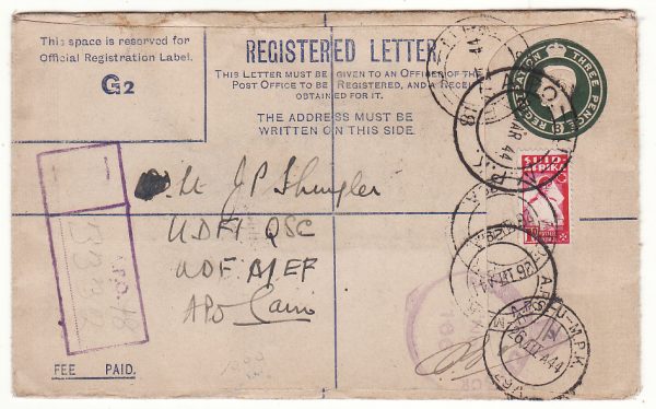 ITALY -EGYPT...WW2 SOUTH AFRICAN FORCES using GB REGISTERED Envelope...