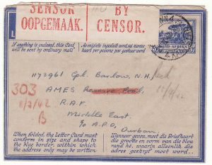 SOUTH AFRICA - EAST AFRICA...WW2  3d LETTERCARD to A.M.E.S. ...