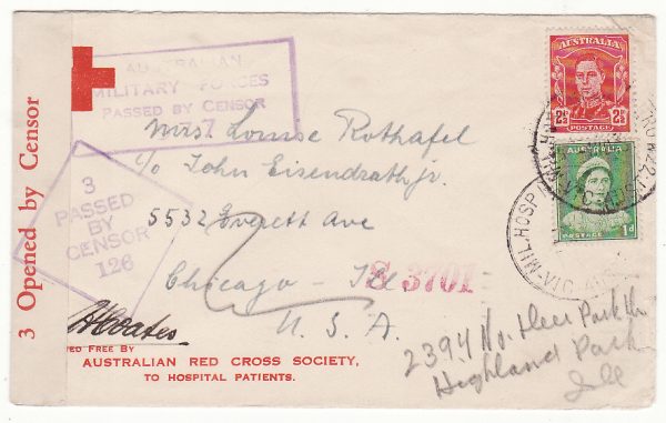 AUSTRALIA - USA…WW2 RED CROSS from HOSPITAL PATIENT DUEL MILITARY & CIVIL CENSORS.…