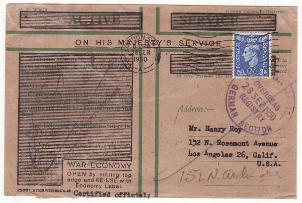 GB - USA …BRITISH FORCES in GERMANY WAR ECONOMY HONOUR ENVELOPE…
