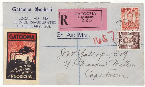 RHODESIA - SOUTH AFRICA..FIRST DAY LOCAL AIR MAIL REGISTERED & with GOLD MINING PROMOTIONAL LABEL..