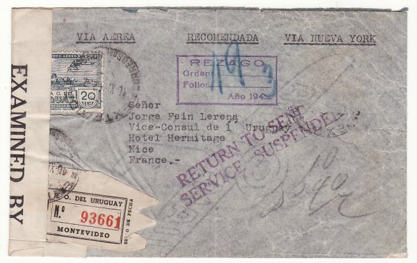 URUGUAY - FRANCE…REGISTERED CENSORED CONSULAR AIRMAIL RETURNED..