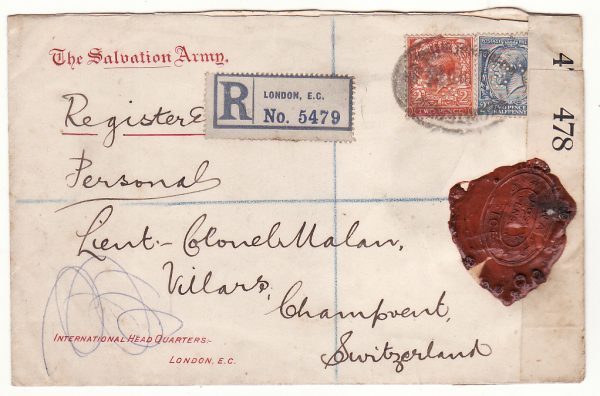 G B - SWITZERlAND… WW1 SALVATION ARMY REGISTERED & with WAX SEAL CENSORSHIP..