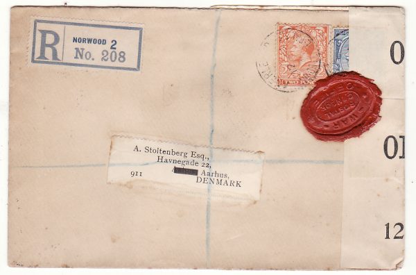G B - DENMARK… WW1 REGISTERED & with WAX SEAL CENSORSHIP..