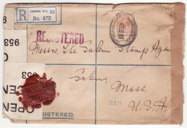 G B - USA… WW1 REGISTERED & with 2 STYLES WAX SEAL CENSORSHIP..